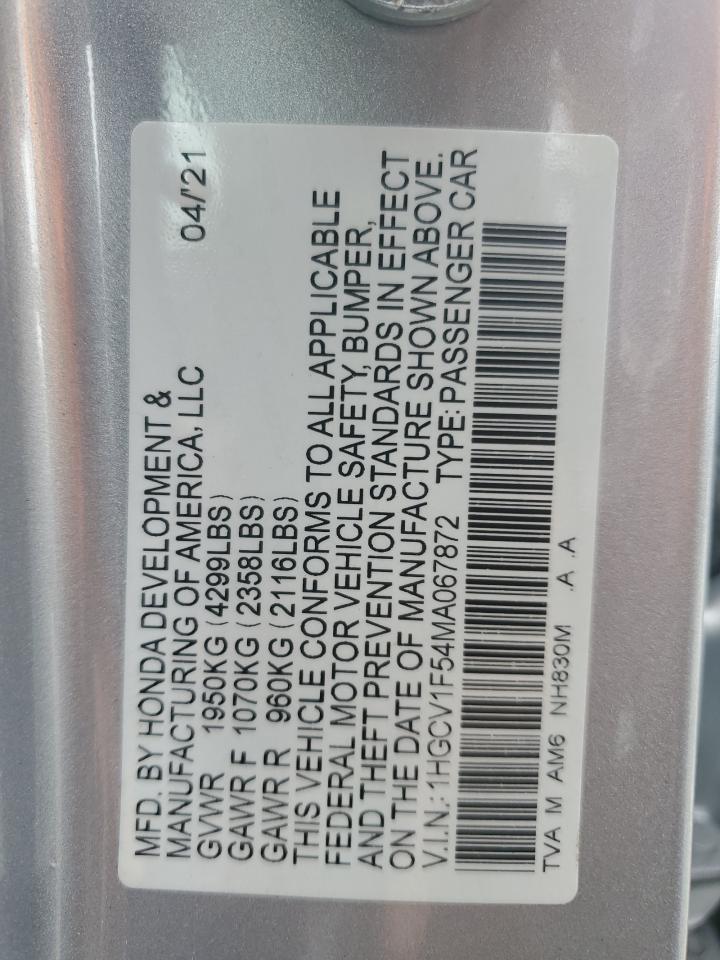 2021 Honda Accord Exl VIN: 1HGCV1F54MA067872 Lot: 71987915