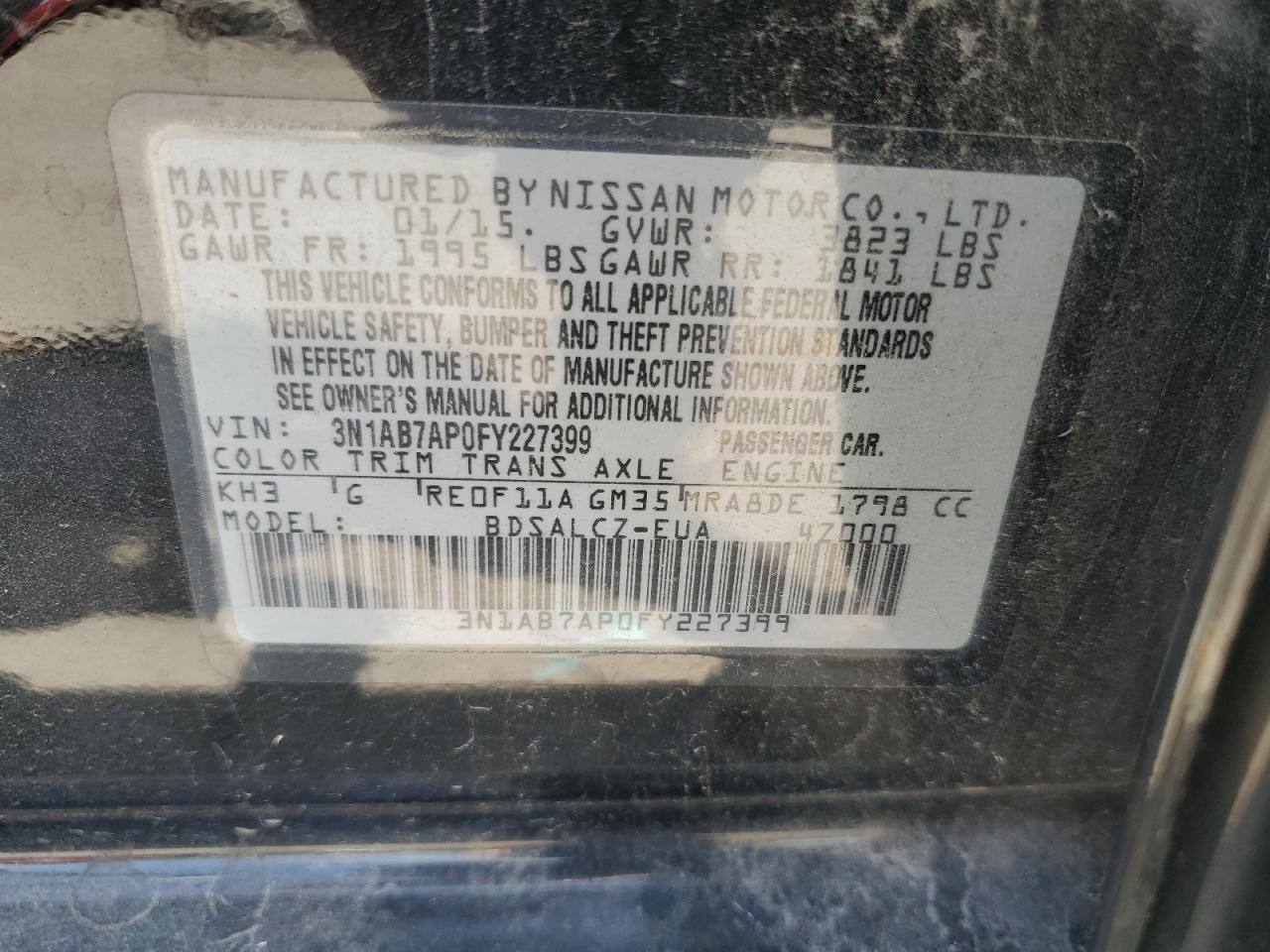 2015 Nissan Sentra S VIN: 3N1AB7AP0FY227399 Lot: 81643615