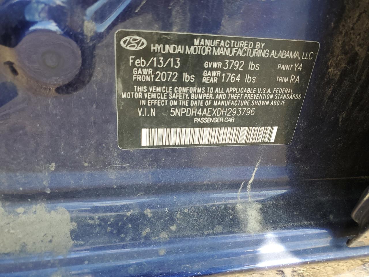 2013 Hyundai Elantra Gls VIN: 5NPDH4AEXDH293796 Lot: 71870765