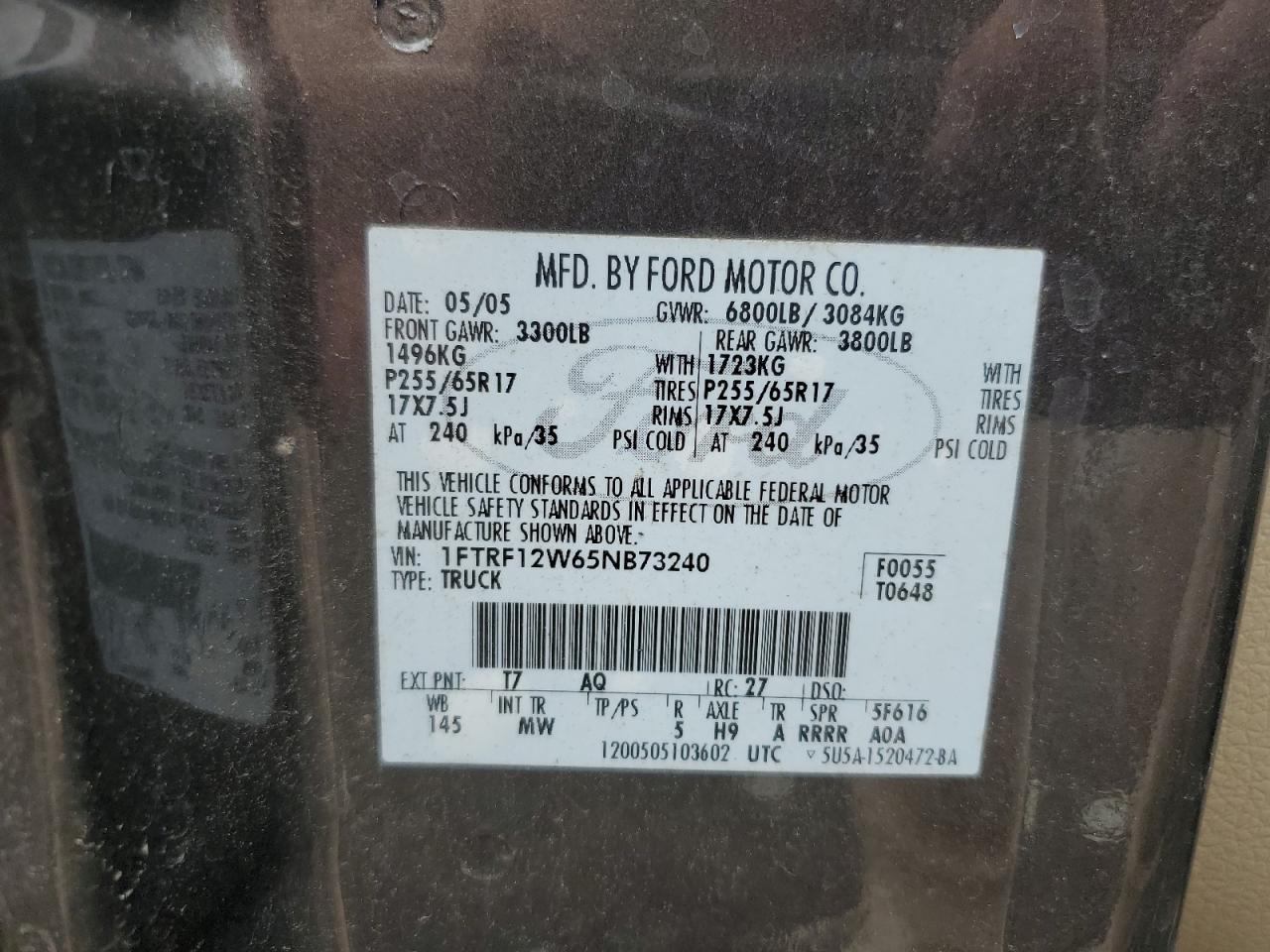 2005 Ford F150 VIN: 1FTRF12W65NB73240 Lot: 81911615