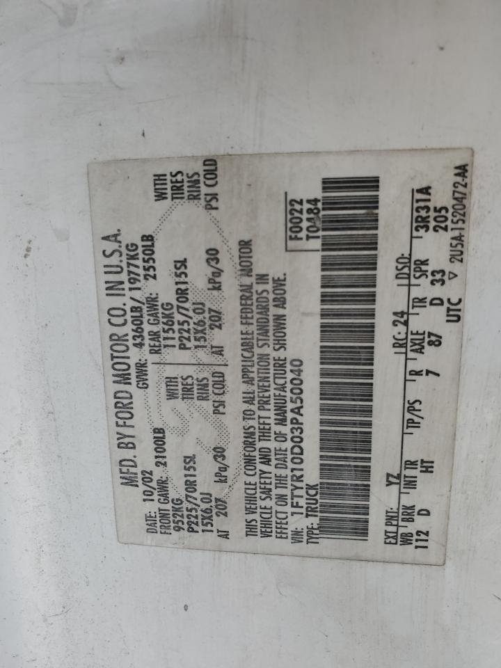 2003 Ford Ranger VIN: 1FTYR10D03PA50040 Lot: 81876845