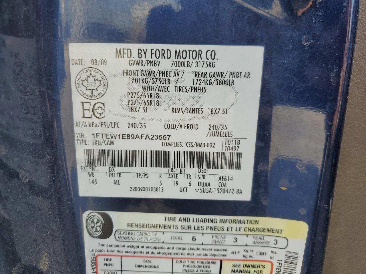 2010 Ford F150 Supercrew VIN: 1FTEW1E89AFA23557 Lot: 71408035