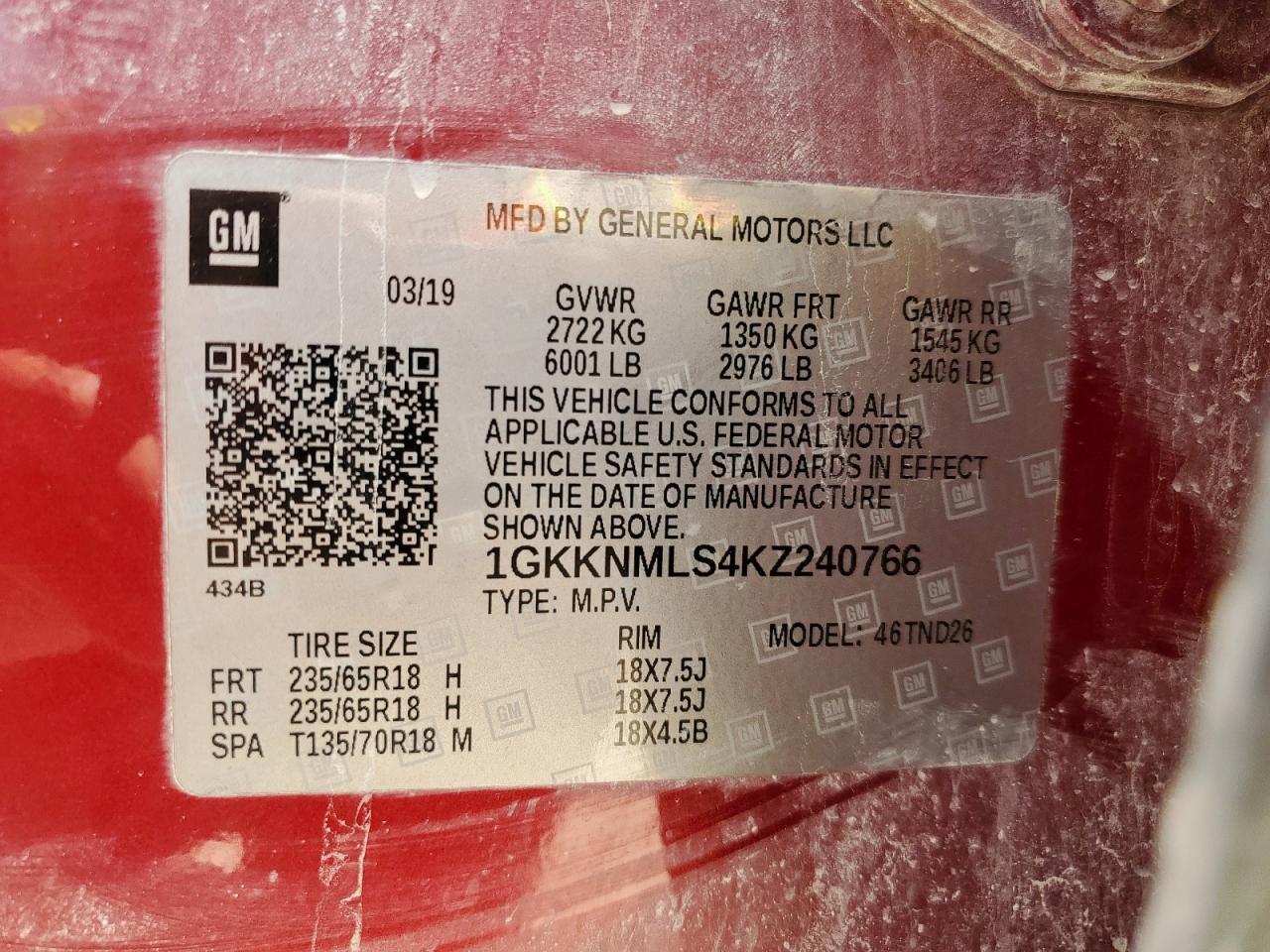 2019 GMC Acadia Slt-1 VIN: 1GKKNMLS4KZ240766 Lot: 80058145