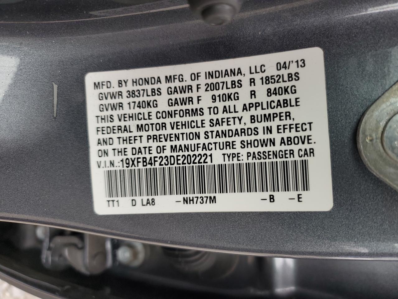 2013 Honda Civic Hybrid VIN: 19XFB4F23DE202221 Lot: 80397825