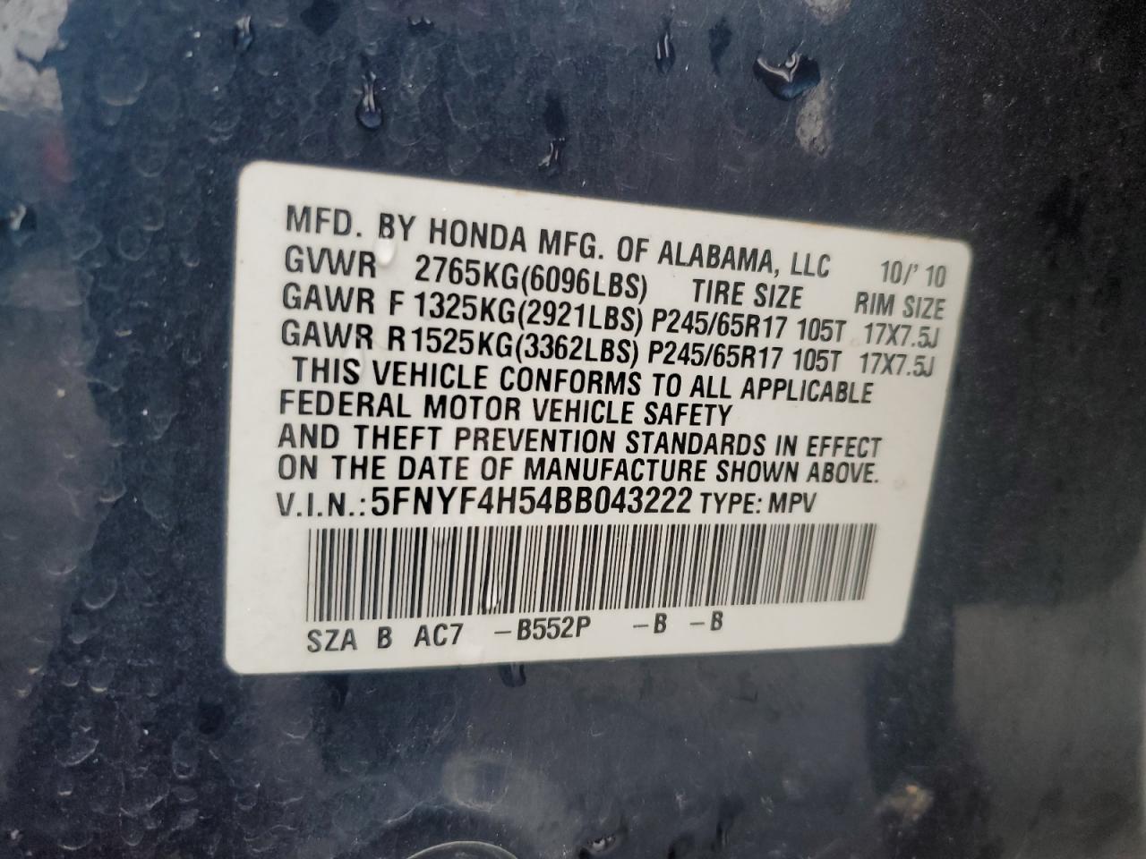 2011 Honda Pilot Exl VIN: 5FNYF4H54BB043222 Lot: 81064215