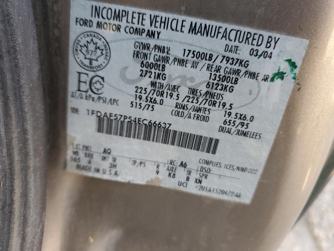 2004 Ford F550 Super Duty VIN: 1FDAF57P54EC66637 Lot: 71278065