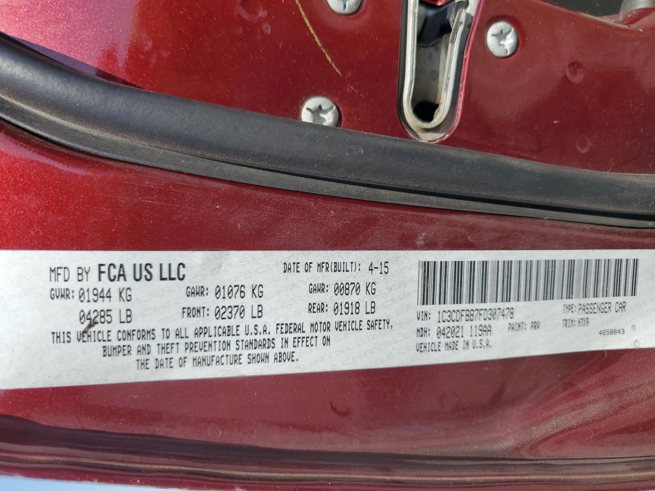 2015 Dodge Dart Sxt VIN: 1C3CDFBB7FD307478 Lot: 80308165