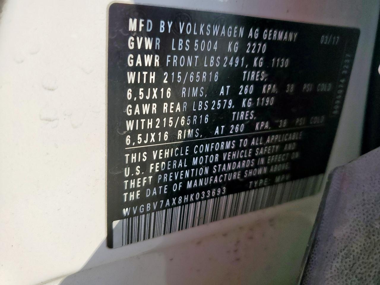 2017 Volkswagen Tiguan S VIN: WVGBV7AX8HK033693 Lot: 71712335