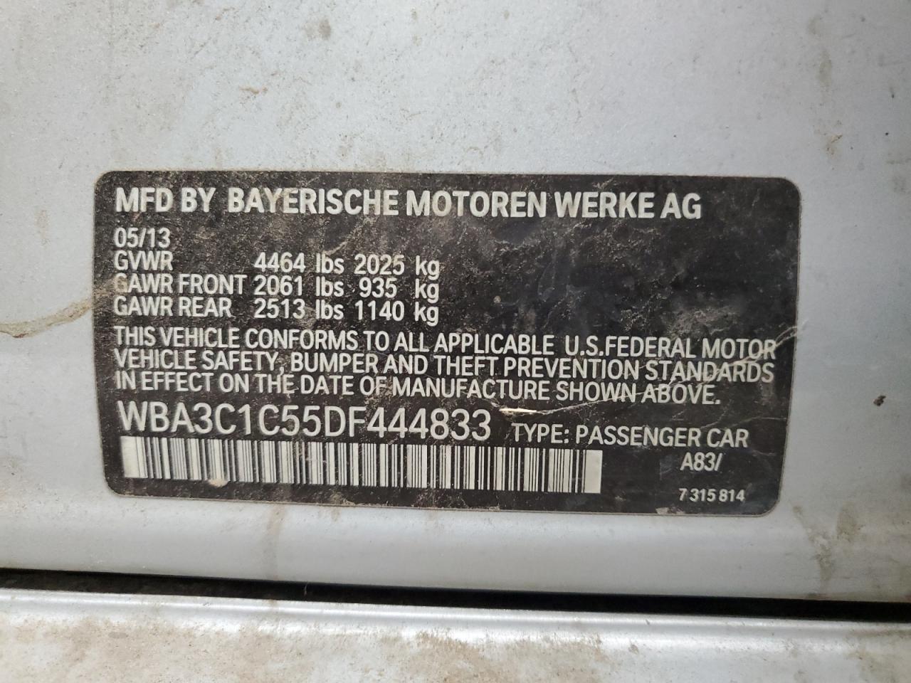 2013 BMW 328 I Sulev VIN: WBA3C1C55DF444833 Lot: 70682125