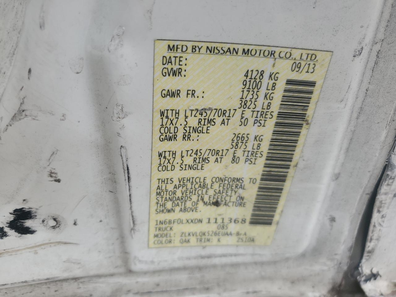 2013 Nissan Nv 2500 VIN: 1N6BF0LXXDN111368 Lot: 82065325