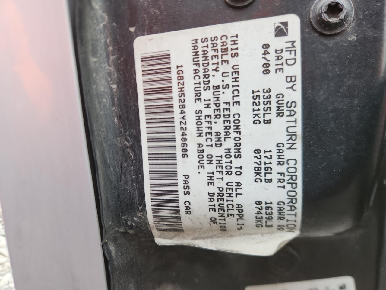 2000 Saturn Sl1 VIN: 1G8ZH5284YZ240606 Lot: 80808315