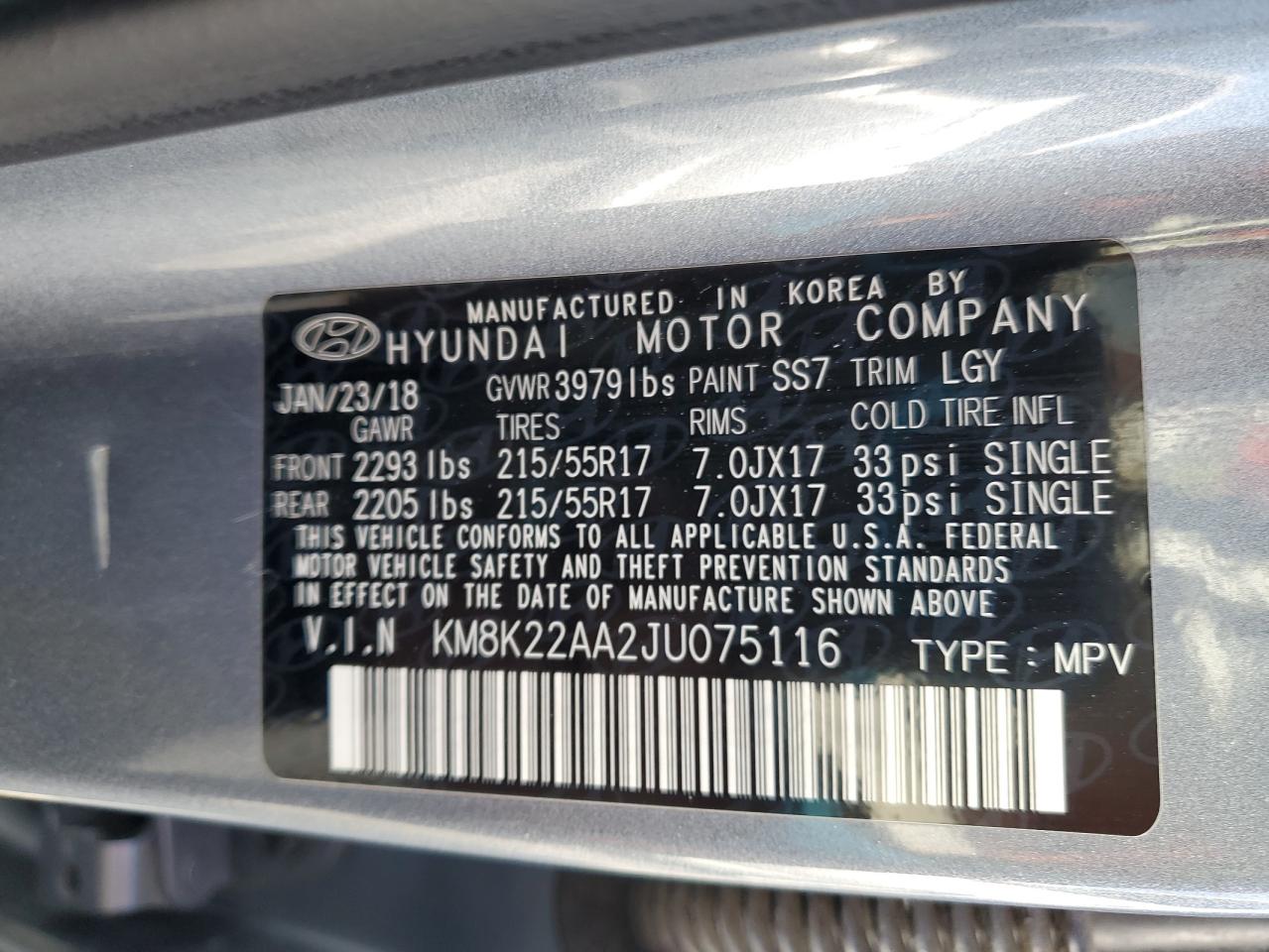 2018 Hyundai Kona Sel VIN: KM8K22AA2JU075116 Lot: 84266075