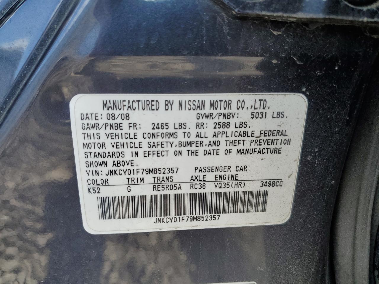 2009 Infiniti M35 Base VIN: JNKCY01F79M852357 Lot: 80610065