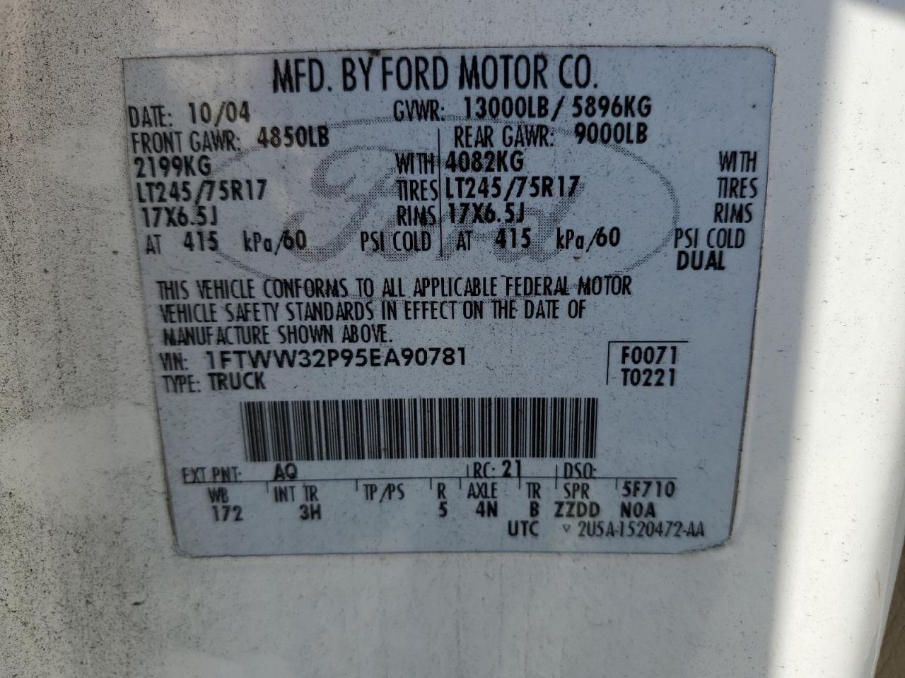 2005 Ford F350 Super Duty VIN: 1FTWW32P95EA90781 Lot: 80467065