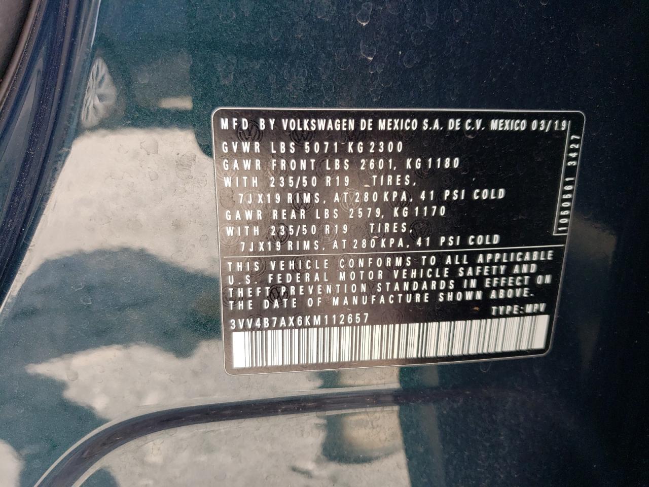 2019 Volkswagen Tiguan Sel Premium VIN: 3VV4B7AX6KM112657 Lot: 80394125