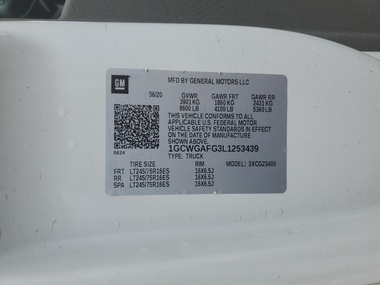 2020 Chevrolet Express G2500 VIN: 1GCWGAFG3L1253439 Lot: 84404875