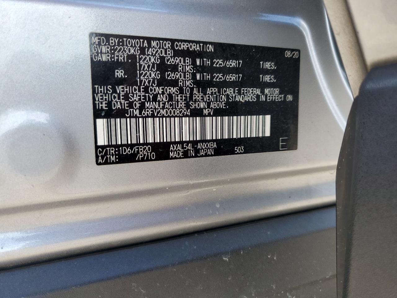 2021 Toyota Rav4 Le VIN: JTML6RFV2MD008294 Lot: 71410275