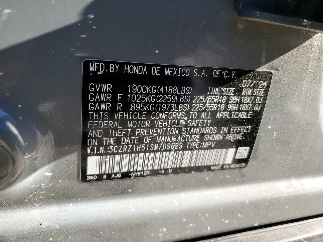 2025 Honda Hr-V Sport VIN: 3CZRZ1H51SM709629 Lot: 72036005