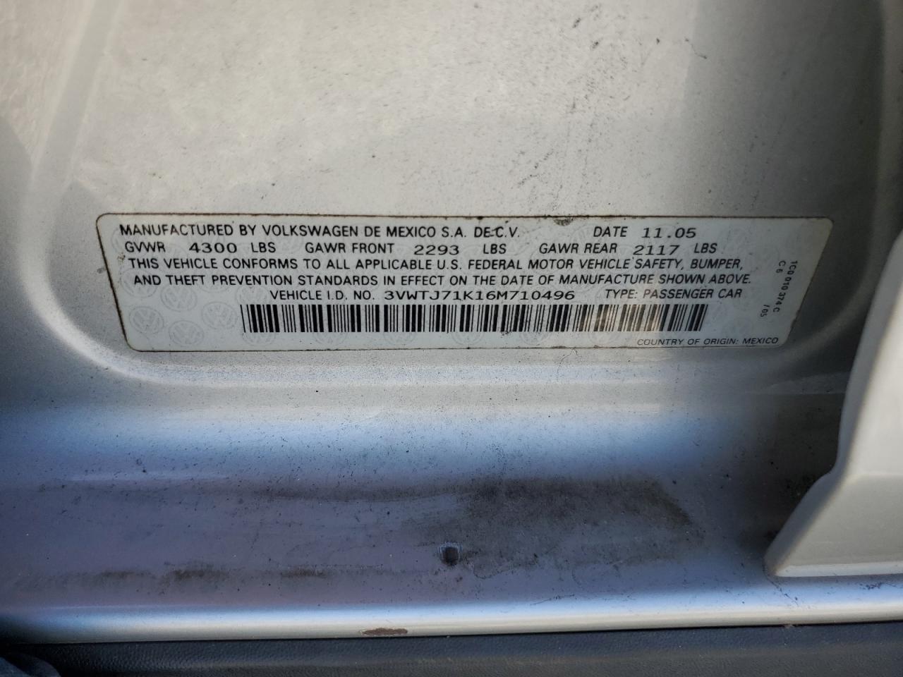 2006 Volkswagen Jetta Gli VIN: 3VWTJ71K16M710496 Lot: 72077135
