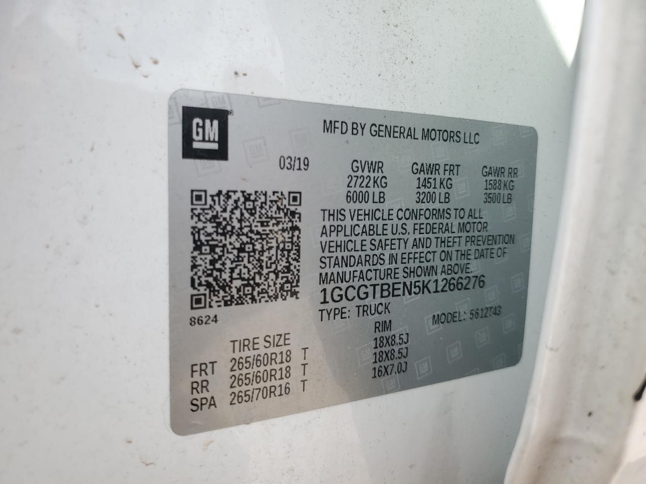 2019 Chevrolet Colorado VIN: 1GCGTBEN5K1266276 Lot: 84261315