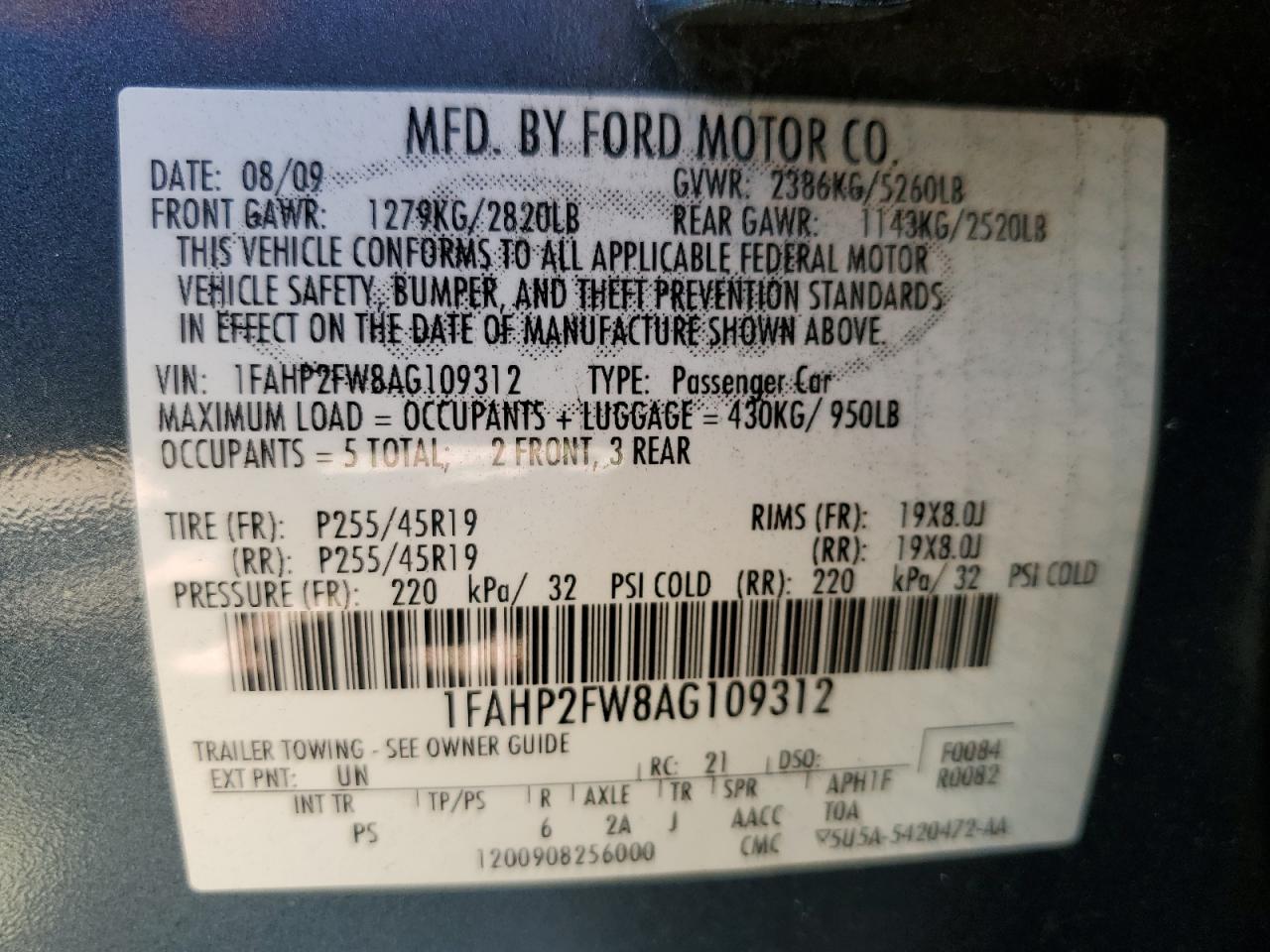 2010 Ford Taurus Limited VIN: 1FAHP2FW8AG109312 Lot: 80911815