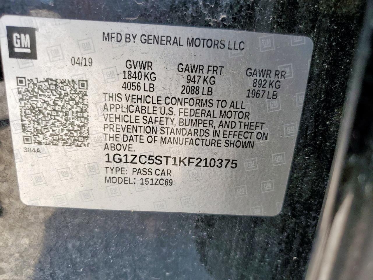 2019 Chevrolet Malibu Ls VIN: 1G1ZC5ST1KF210375 Lot: 71547195