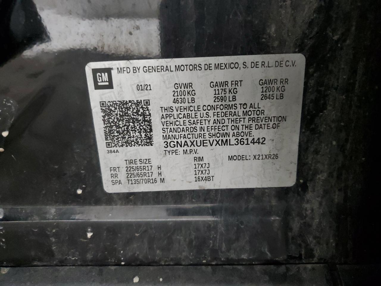 2021 Chevrolet Equinox Lt VIN: 3GNAXUEVXML361442 Lot: 80756455