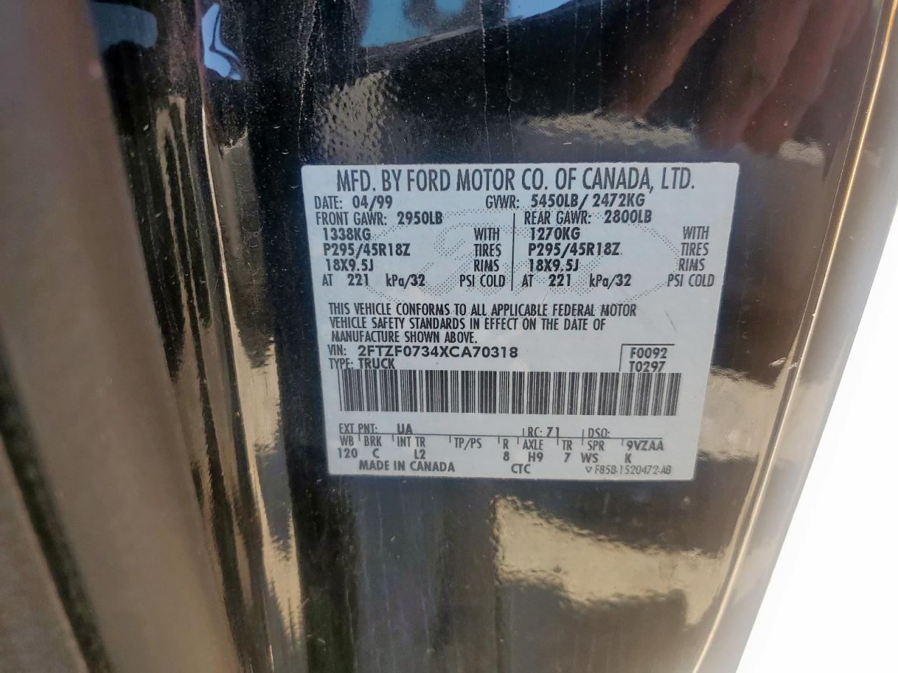 1999 Ford F150 Svt Lightning VIN: 2FTZF0734XCA70318 Lot: 80086575