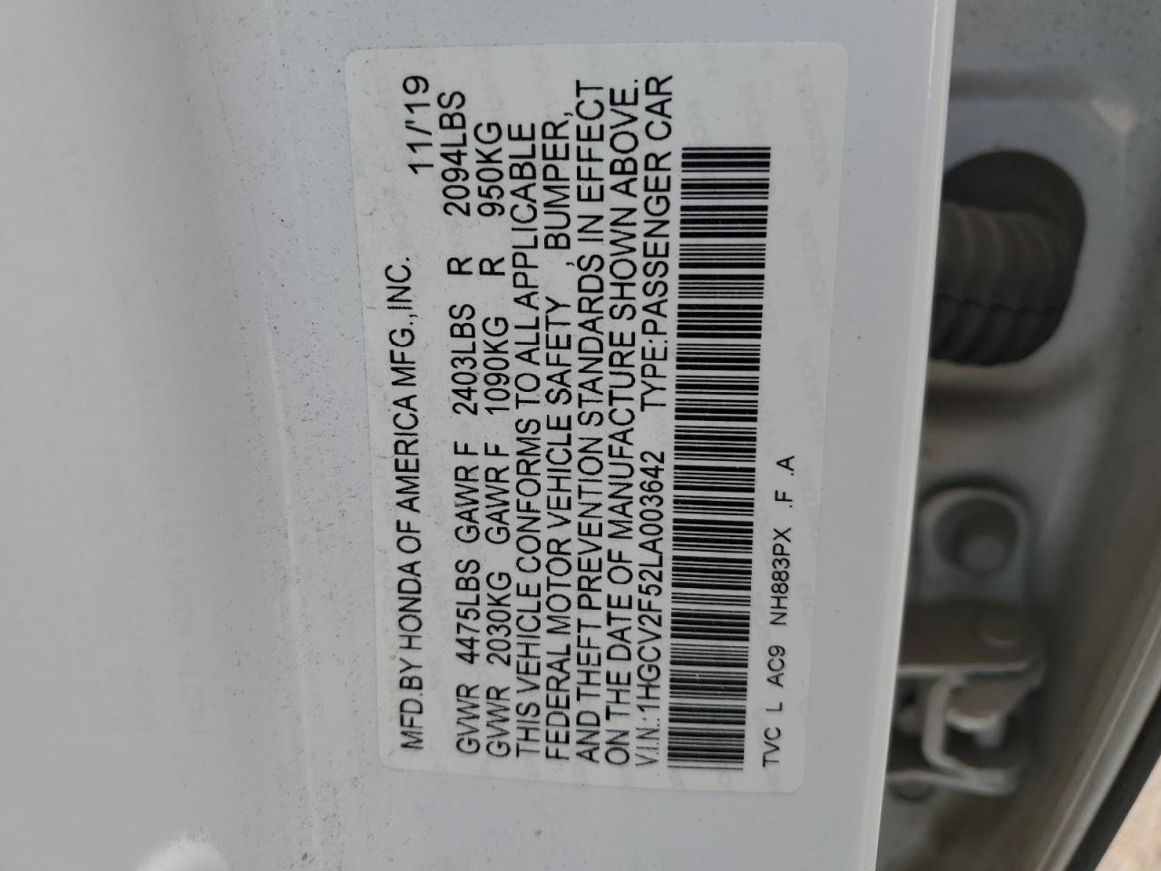 2020 Honda Accord Exl VIN: 1HGCV2F52LA003642 Lot: 80069235