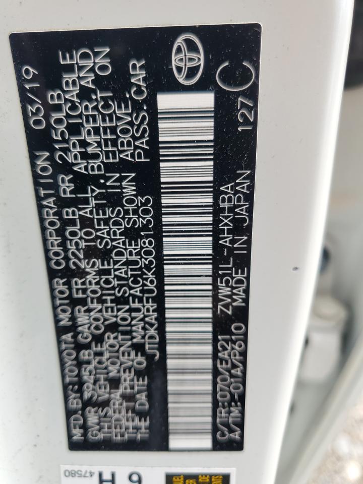 2019 Toyota Prius VIN: JTDKARFU6K3081303 Lot: 81861545