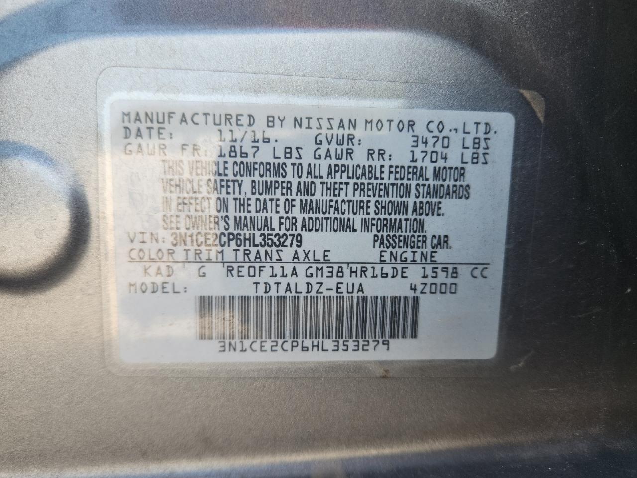 2017 Nissan Versa Note S VIN: 3N1CE2CP6HL353279 Lot: 81162265