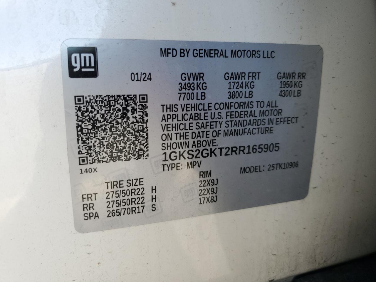 2024 GMC Yukon Xl K1500 Slt VIN: 1GKS2GKT2RR165905 Lot: 80539785