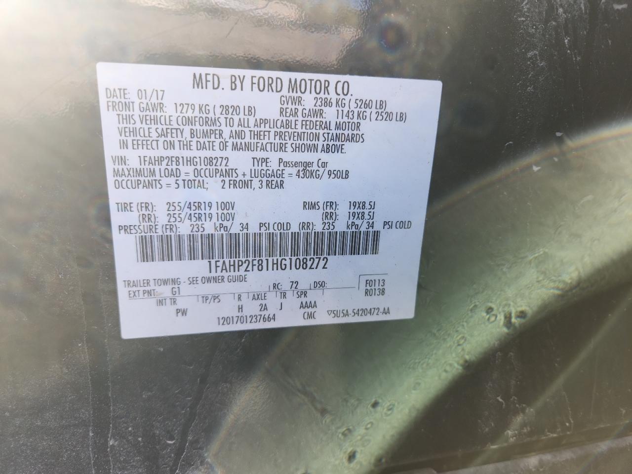 2017 Ford Taurus Limited VIN: 1FAHP2F81HG108272 Lot: 80998575