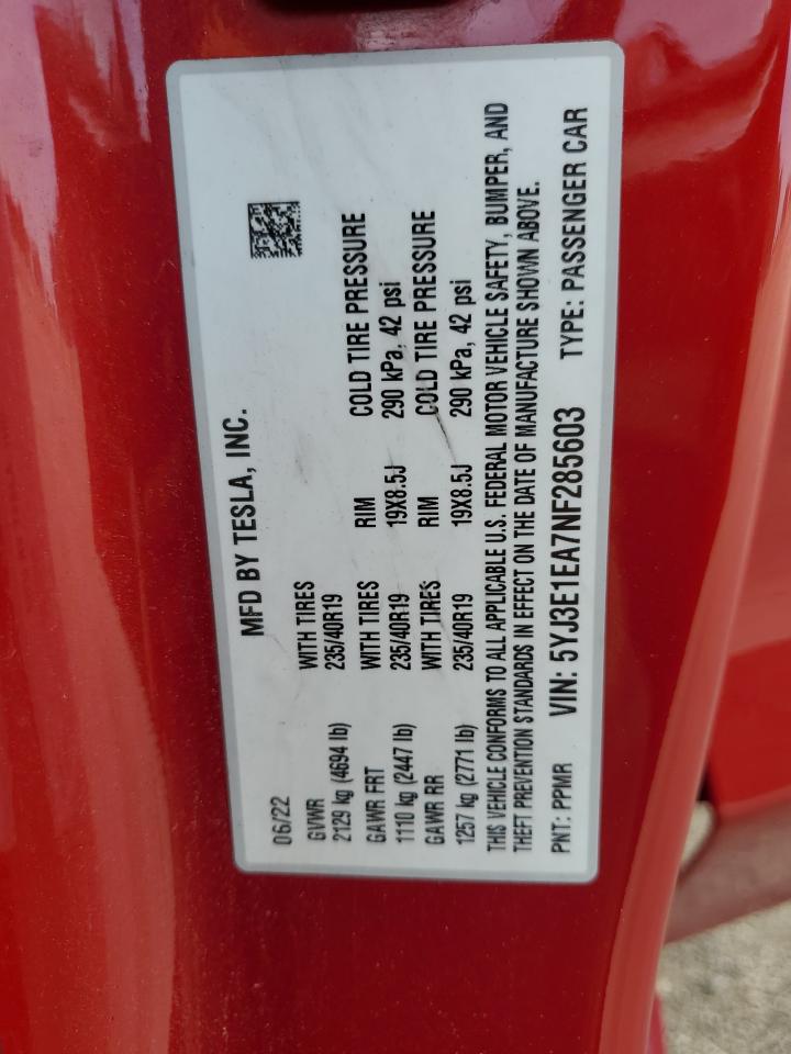 2022 Tesla Model 3 VIN: 5YJ3E1EA7NF285603 Lot: 81611025