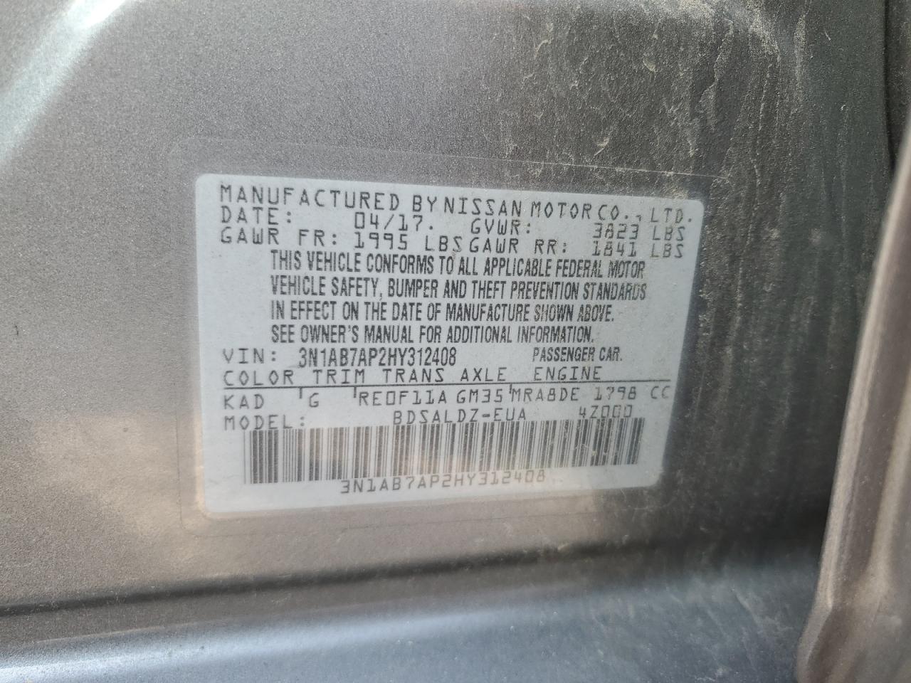 2017 Nissan Sentra S VIN: 3N1AB7AP2HY312408 Lot: 80202185