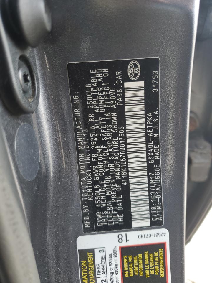 2013 Toyota Avalon Base VIN: 4T1BK1EB7DU017505 Lot: 83934755