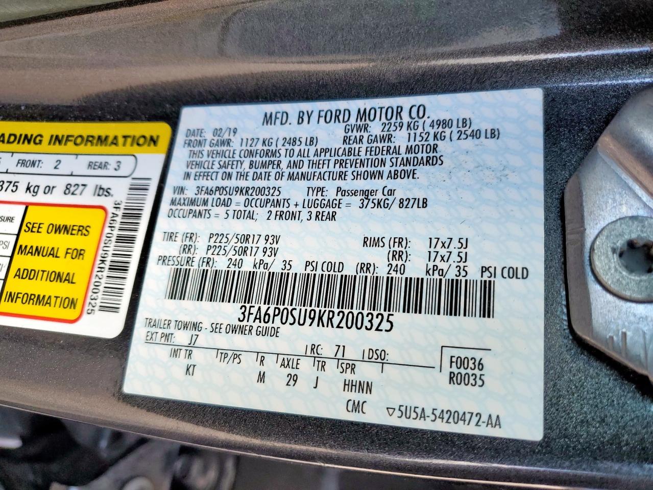 2019 Ford Fusion Titanium VIN: 3FA6P0SU9KR200325 Lot: 84236815