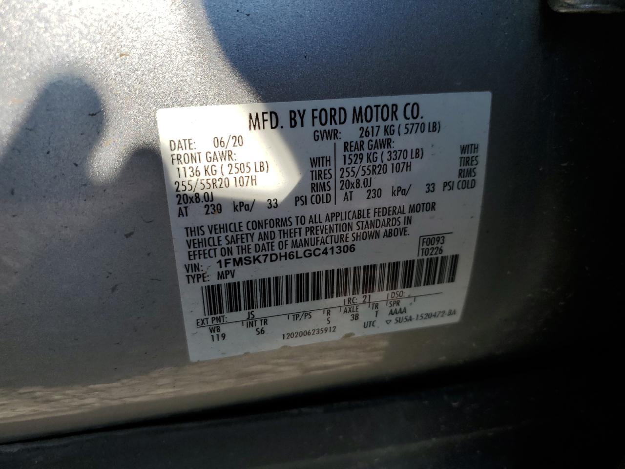 2020 Ford Explorer Xlt VIN: 1FMSK7DH6LGC41306 Lot: 80247445