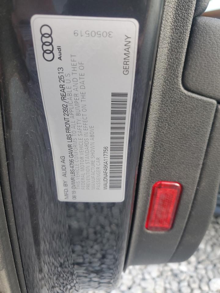 2019 Audi A4 Premium VIN: WAUDNAF46KA117756 Lot: 72015985