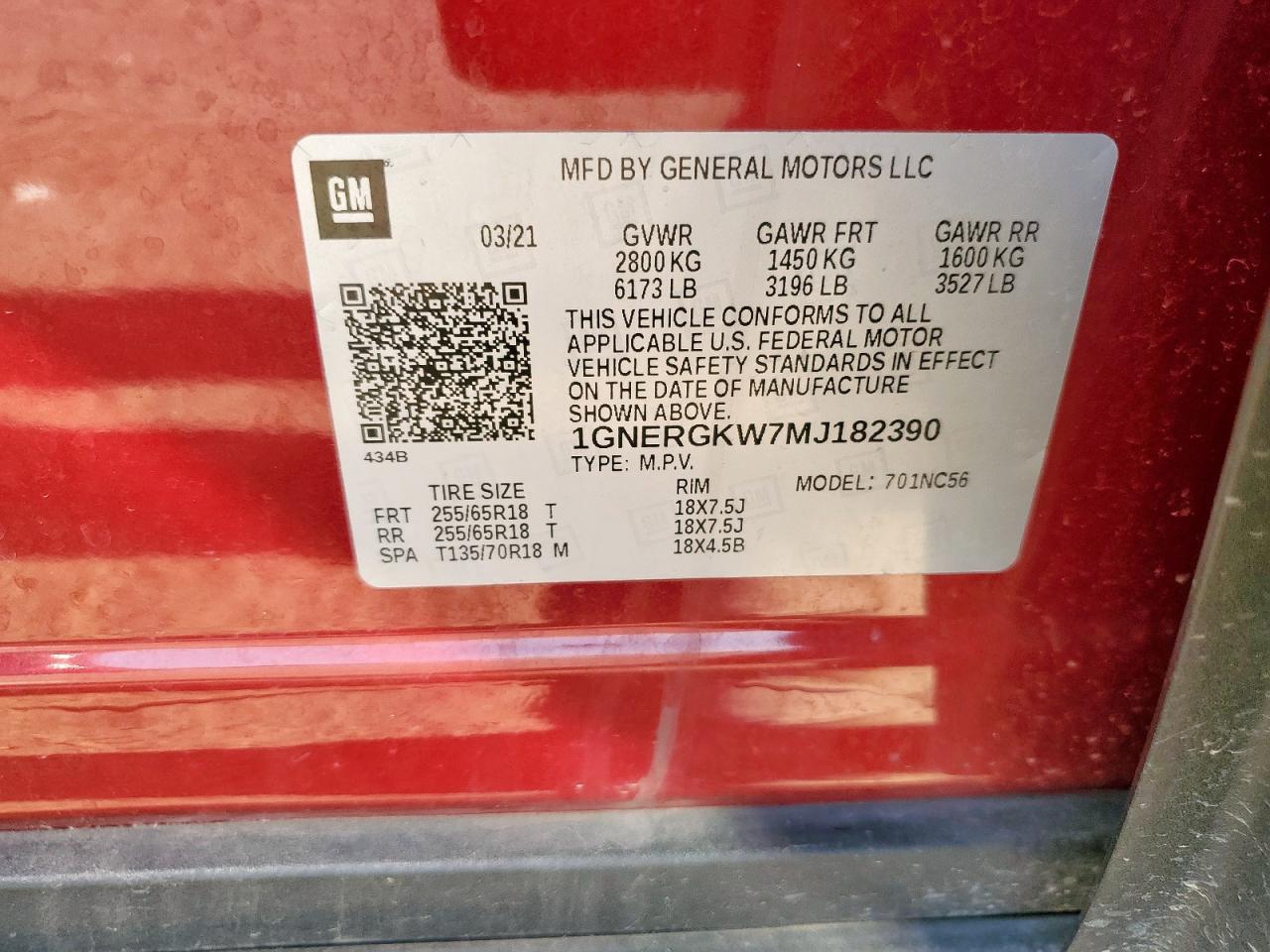 2021 Chevrolet Traverse Lt VIN: 1GNERGKW7MJ182390 Lot: 81079735