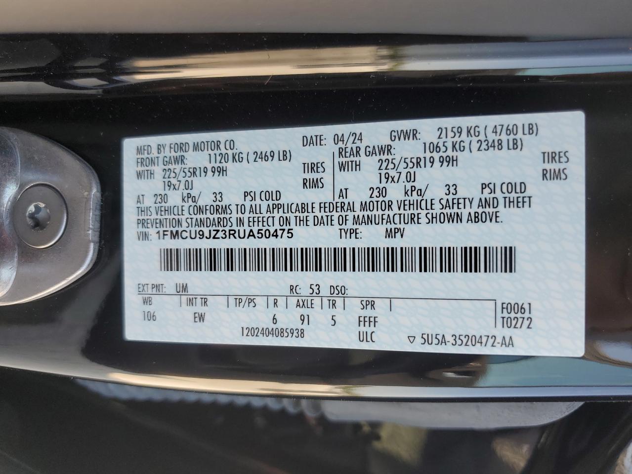 2024 Ford Escape Platinum VIN: 1FMCU9JZ3RUA50475 Lot: 71998385