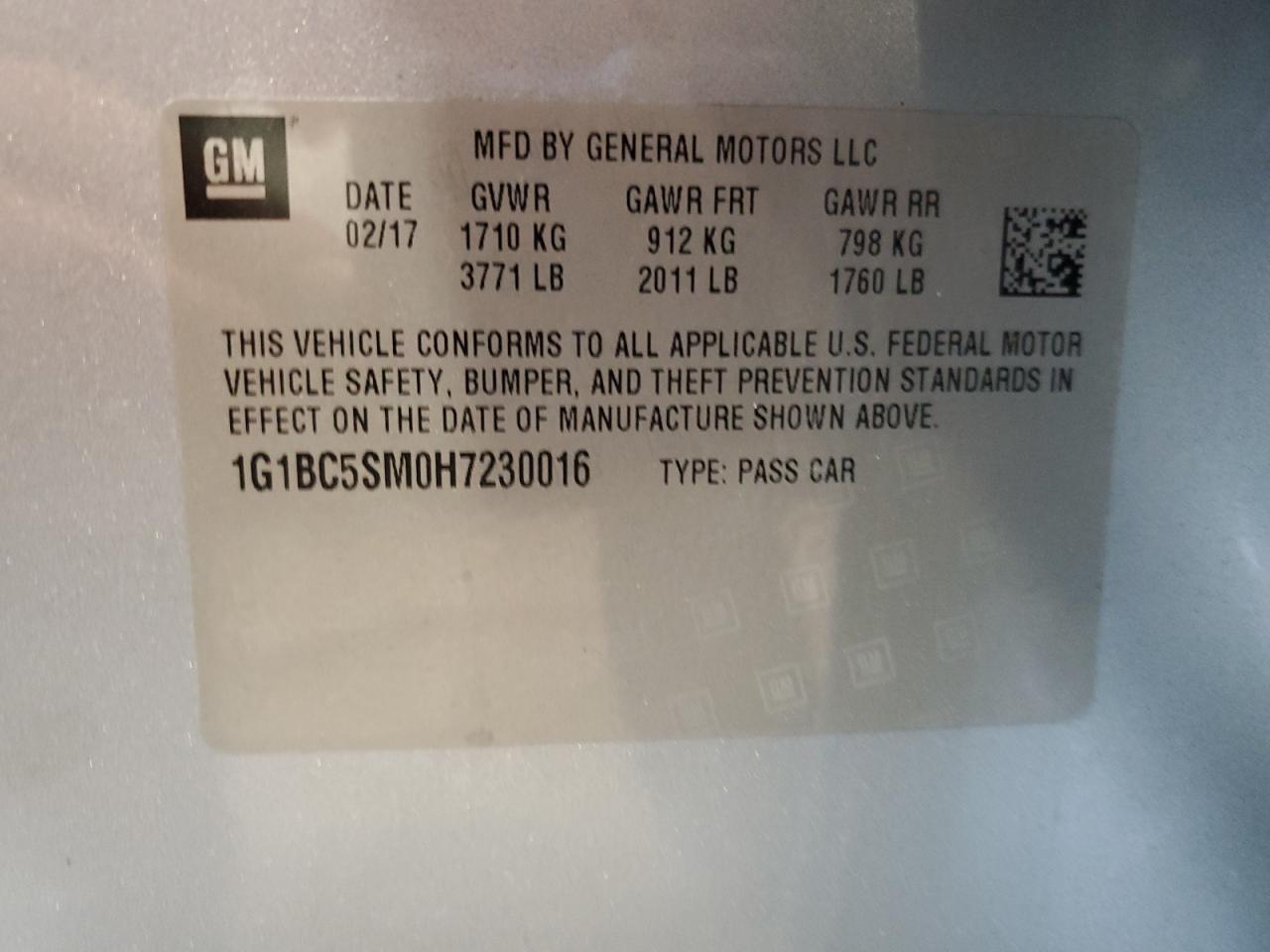 2017 Chevrolet Cruze Ls VIN: 1G1BC5SM0H7230016 Lot: 83751625