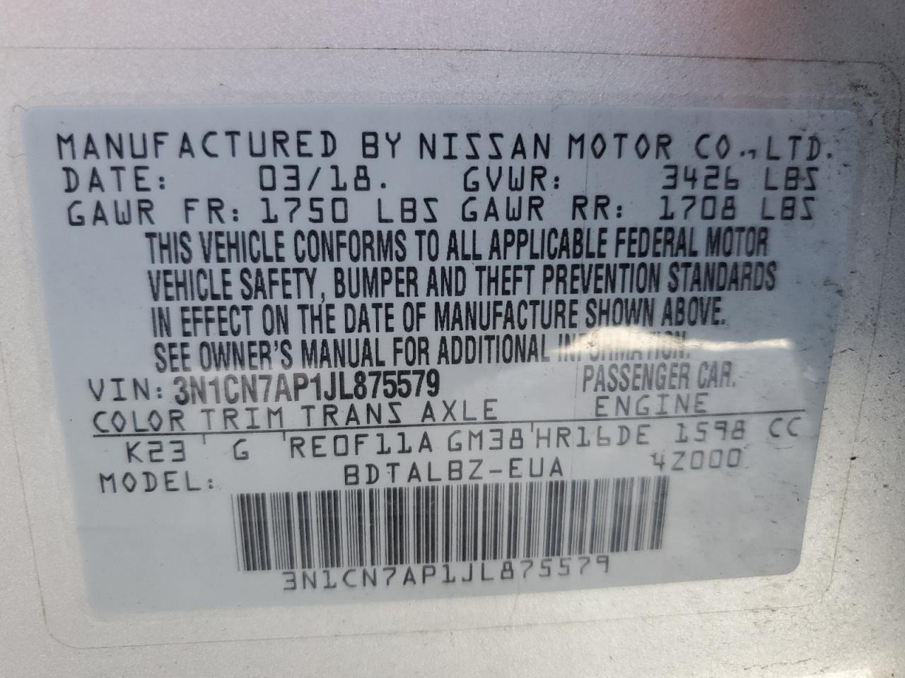 2018 Nissan Versa S VIN: 3N1CN7AP1JL875579 Lot: 81776675