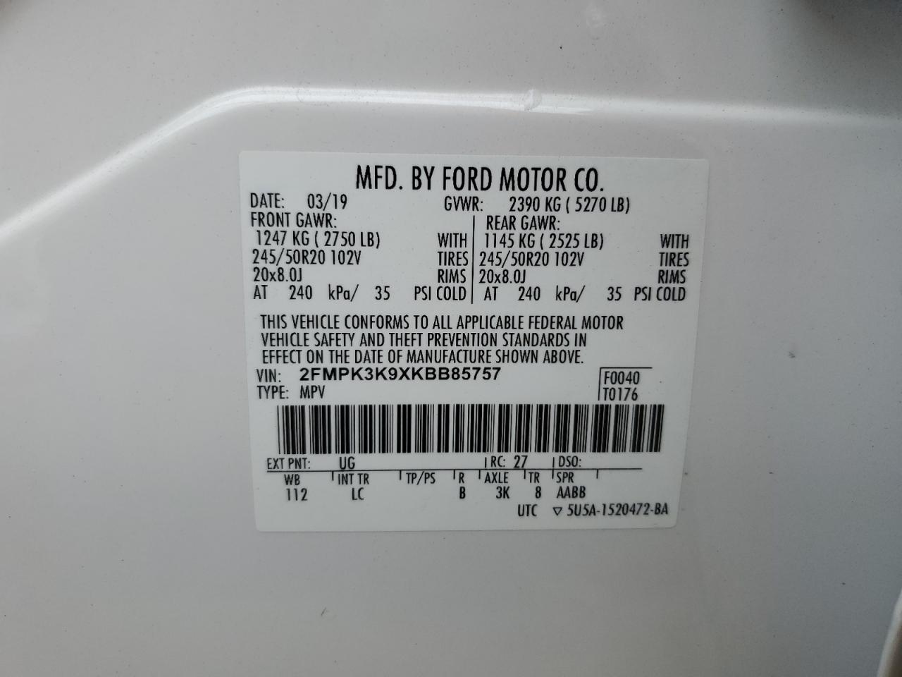 2019 Ford Edge Titanium VIN: 2FMPK3K9XKBB85757 Lot: 84601685
