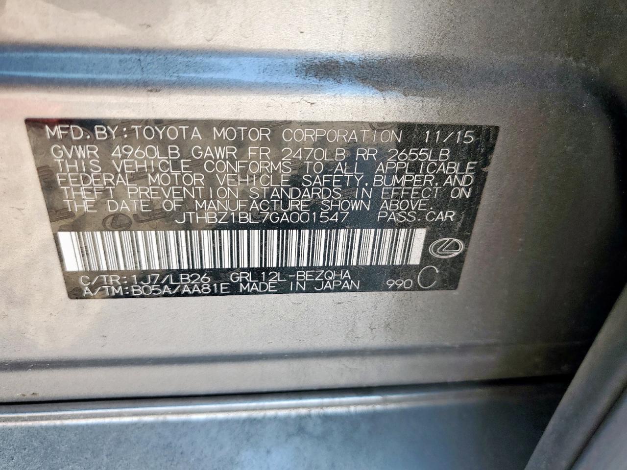 2019 Lexus Gs 350 Base VIN: JTHBZ1BL7GA001547 Lot: 71924925