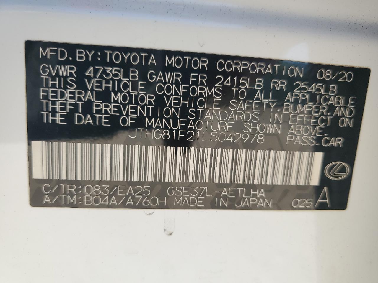 2020 Lexus Is 300 F Sport VIN: JTHG81F21L5042978 Lot: 80481465