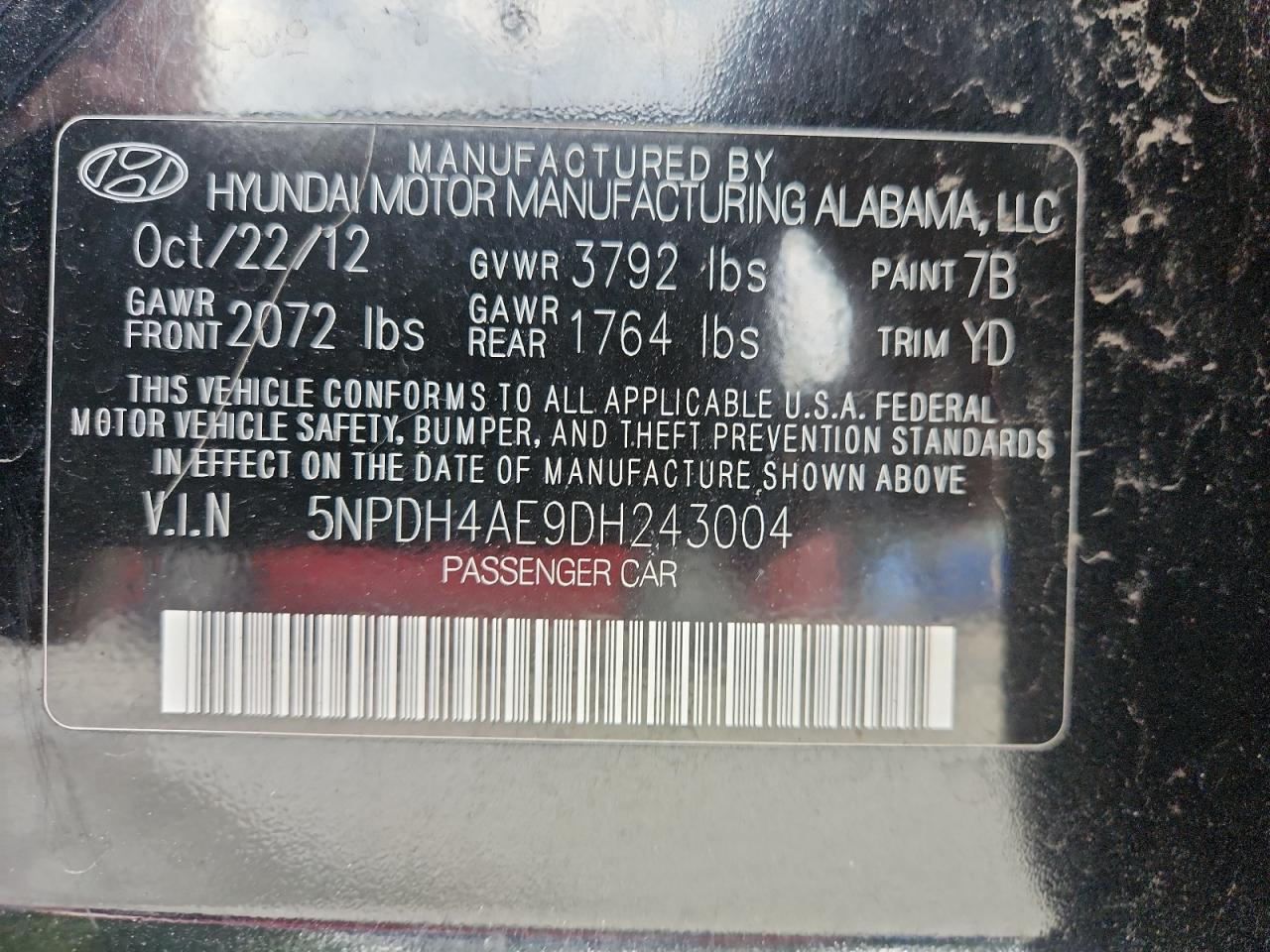 2013 Hyundai Elantra Gls VIN: 5NPDH4AE9DH243004 Lot: 83972185