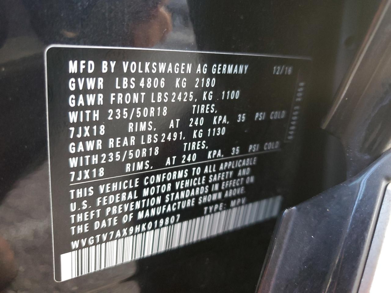 2017 Volkswagen Tiguan Sport VIN: WVGTV7AX9HK019807 Lot: 82067095