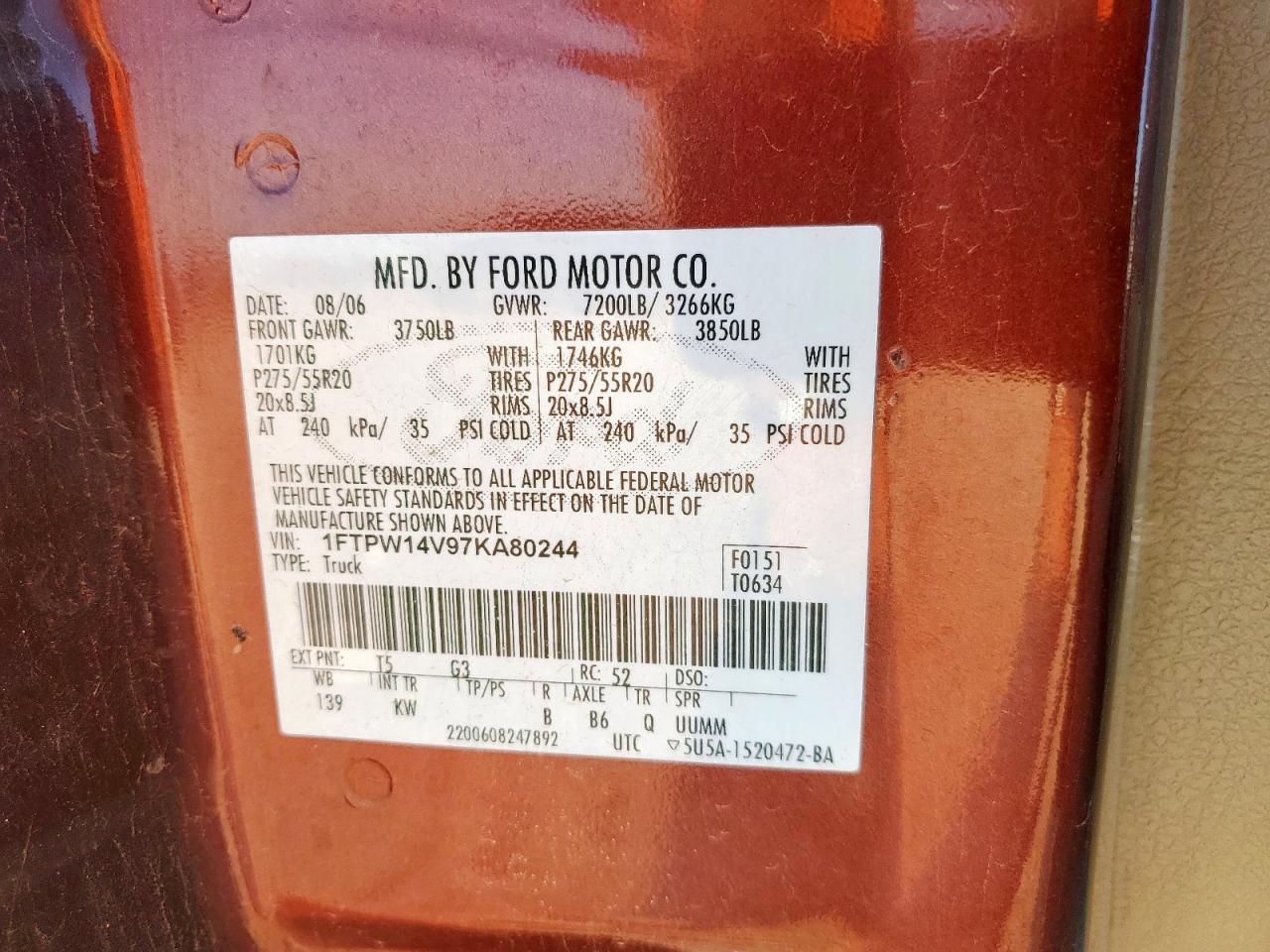 2007 Ford F150 Supercrew VIN: 1FTPW14V97KA80244 Lot: 82164395