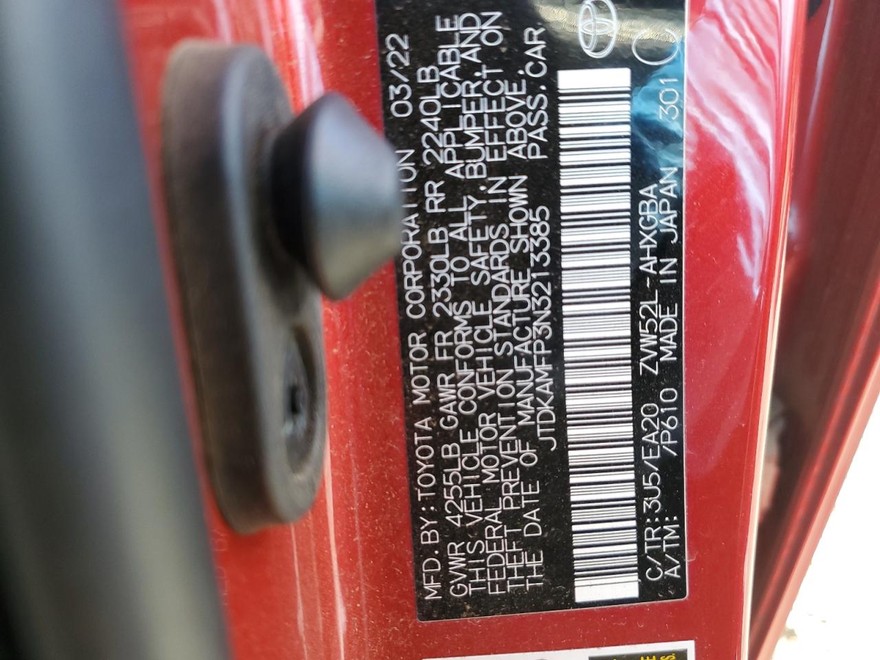 2022 Toyota Prius Prime Le VIN: JTDKAMFP3N3213385 Lot: 81525625